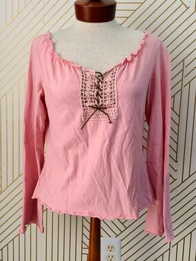 Vintage Y2K Xhilaration Cotton crochet lettuce hem tie front boho bell sleeve S